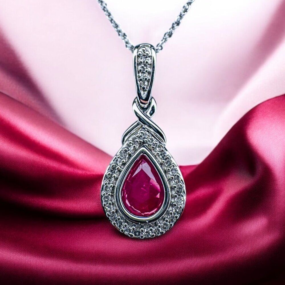 10K Gold 1CT Natural Burmese Ruby & Halo Diamond Necklace -18" -Pear Cut -2.6g